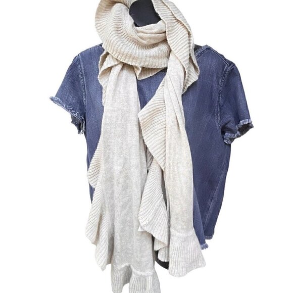 H & M Ruffle Trim Long Wool Blend Knitted Beige Scarf 18”x70” NWT Coastal Snow - Picture 3 of 11